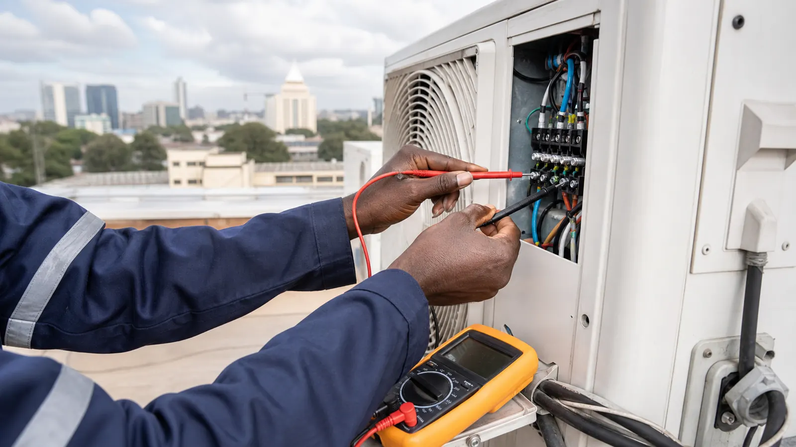 Technician testing electrical controls on an outdoor AC condenser in Nairobi