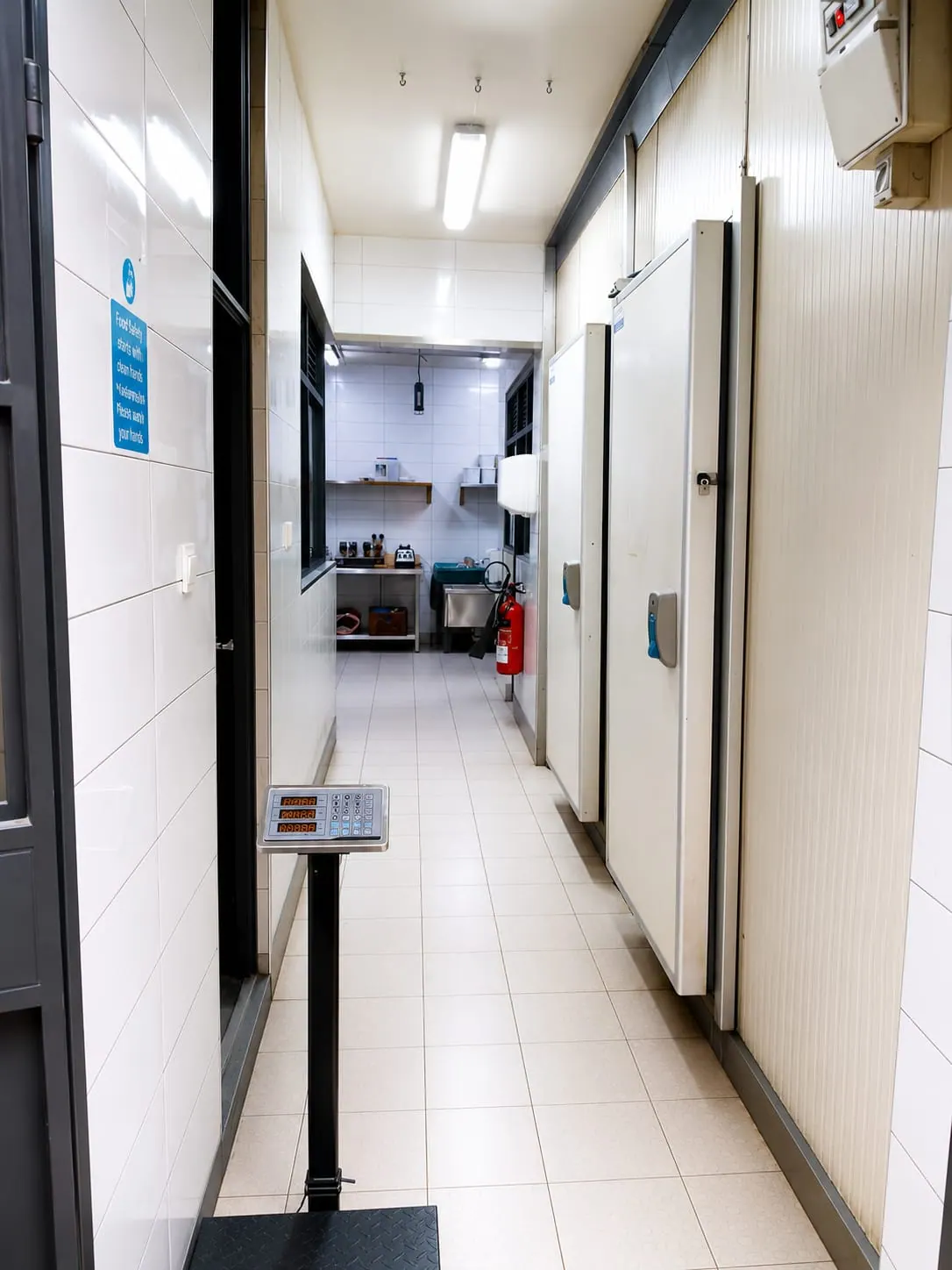 Cold room corridor with insulated doors for controlled temperature storage