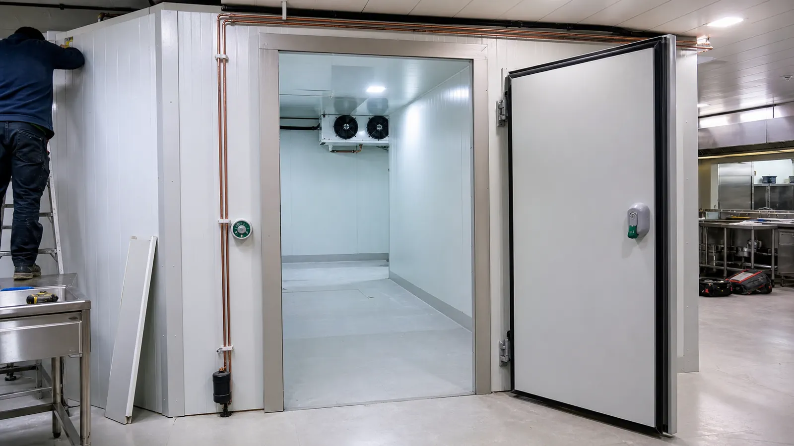 Insulated cold room panels and door being installed for a commercial facility in Kenya