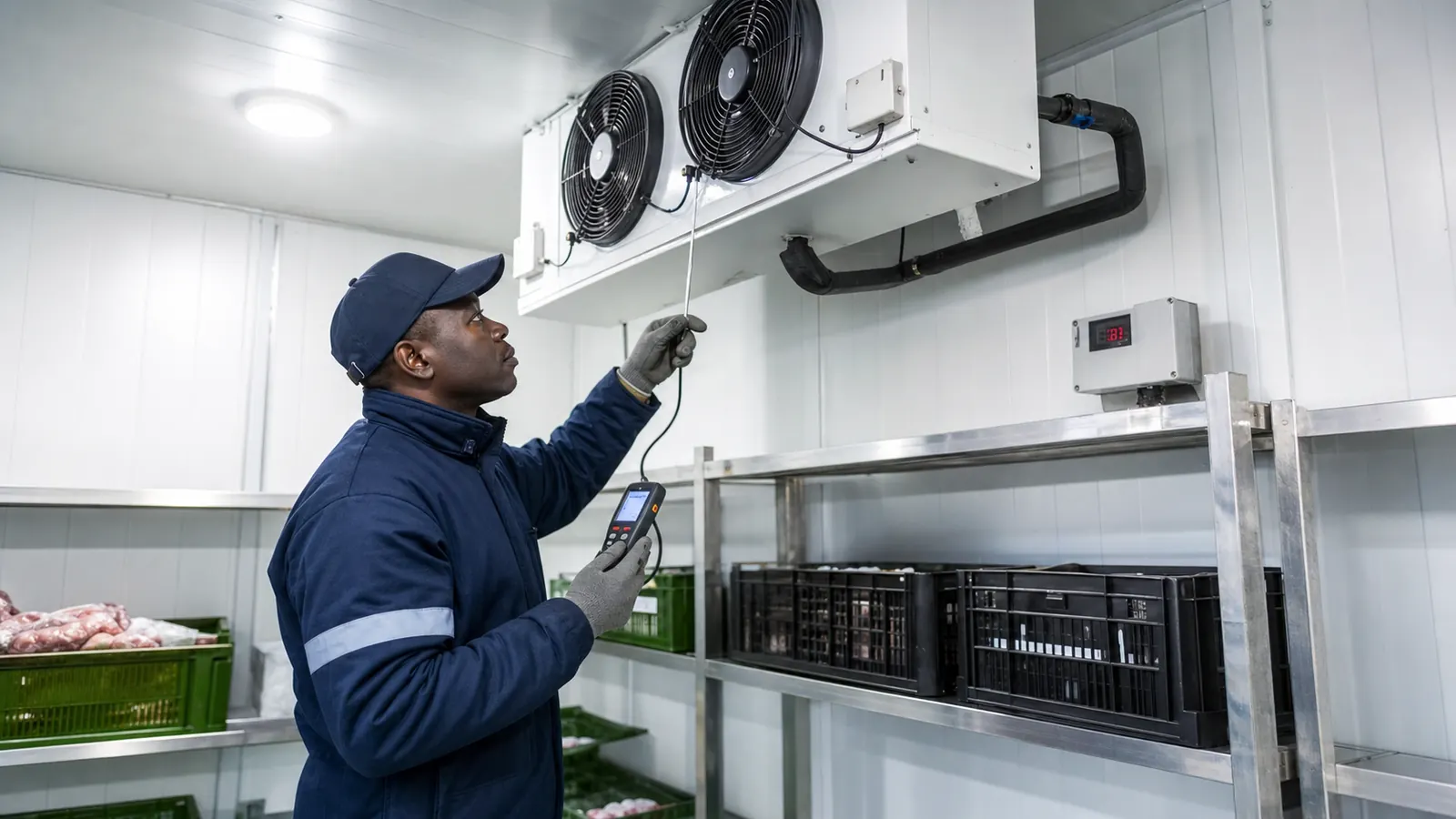 Technician checking a cold room evaporator and temperature controller during maintenance