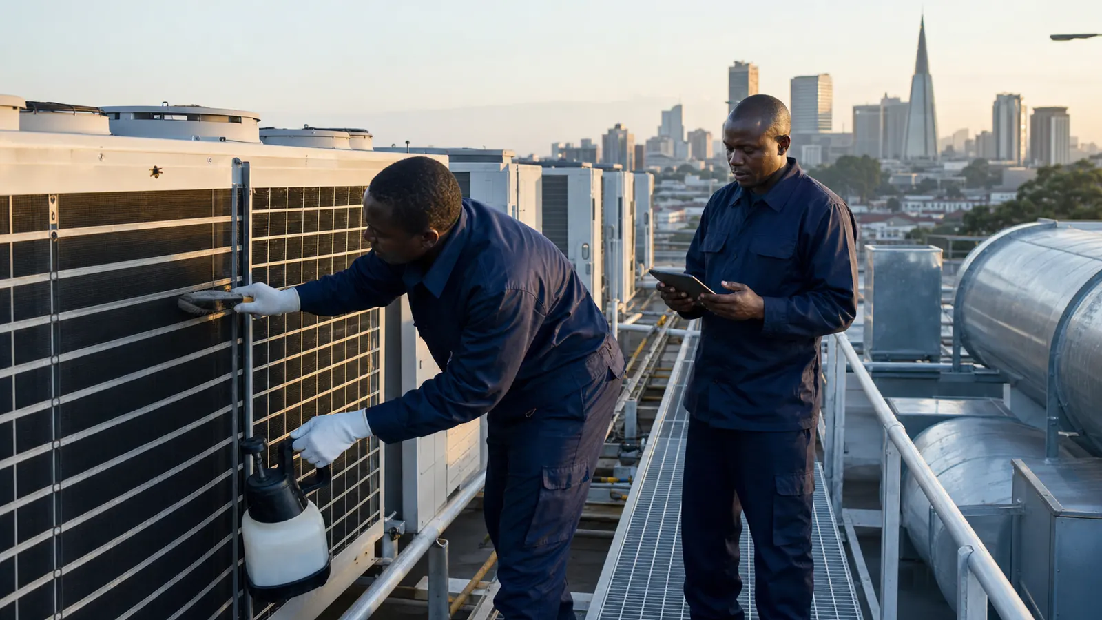 Technicians servicing rooftop HVAC condenser units during preventive maintenance in Kenya