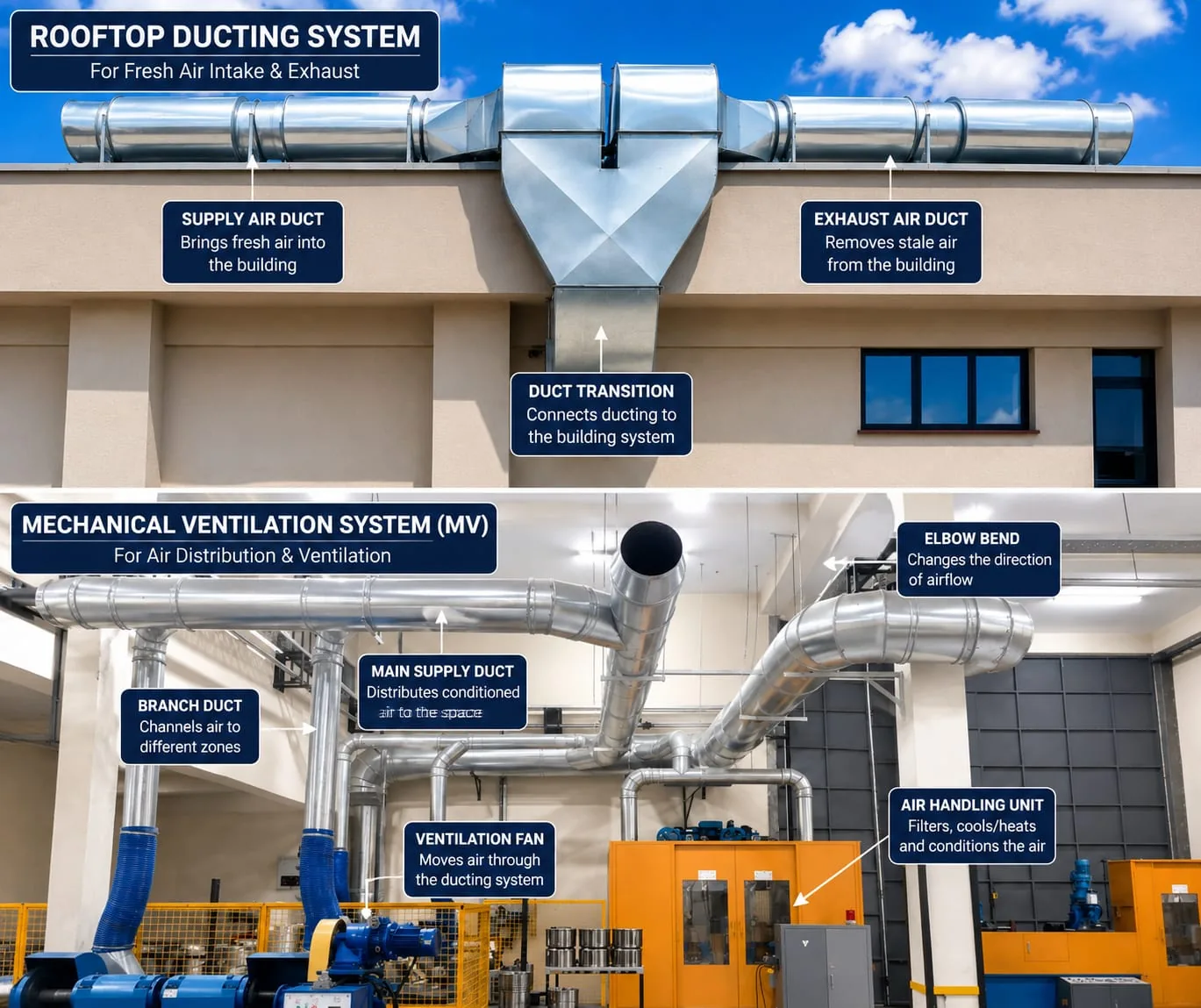 Labeled rooftop ducting and ventilation system supporting plant room airflow