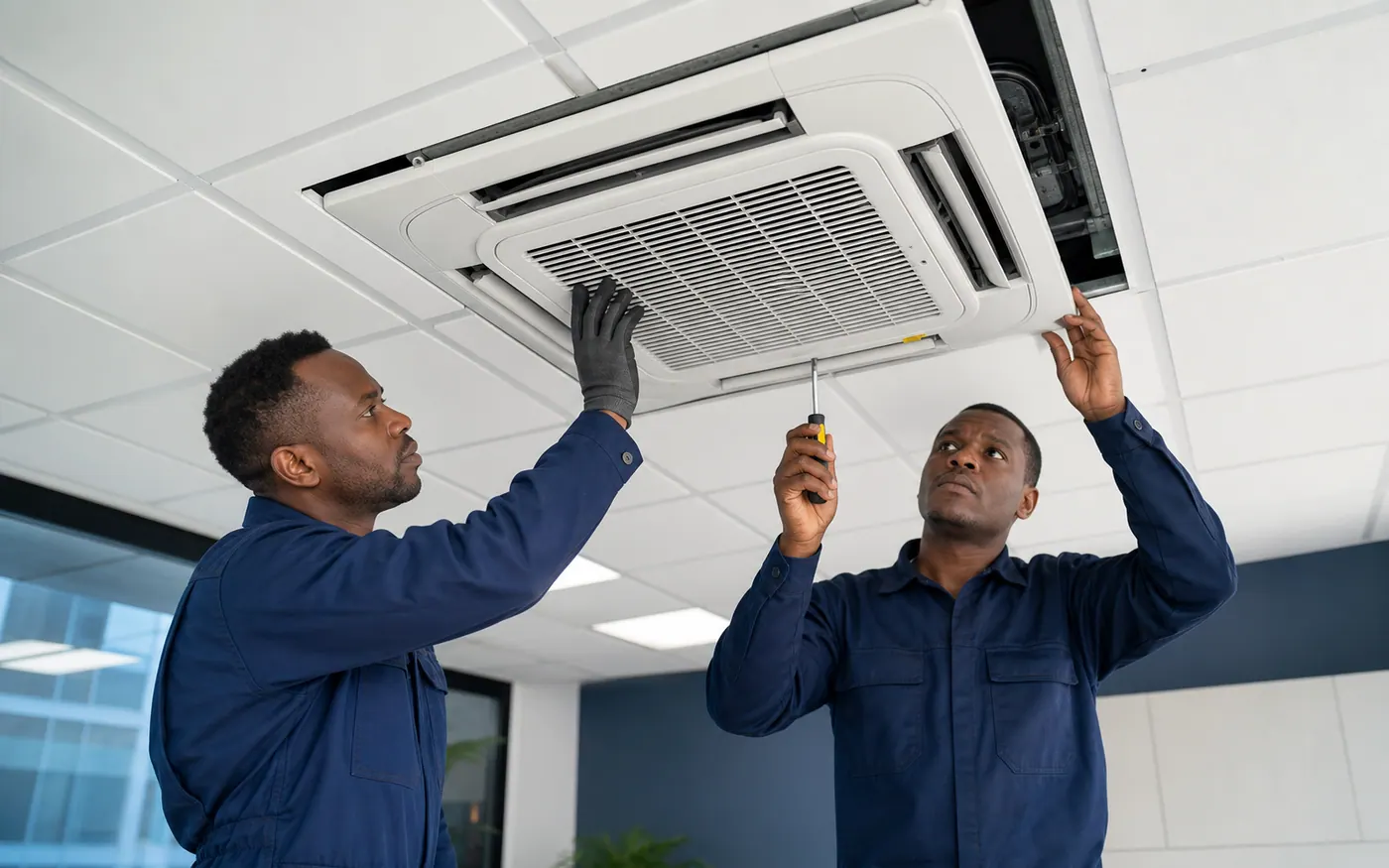 Kenyan HVAC technicians installing and checking a ceiling cassette AC in an office