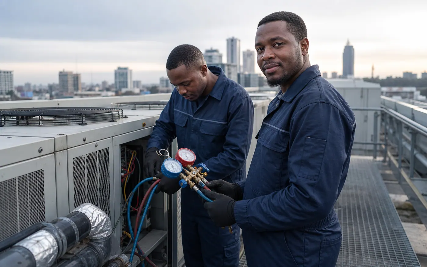 Kenyan HVAC technicians servicing rooftop commercial AC equipment with one technician facing the camera