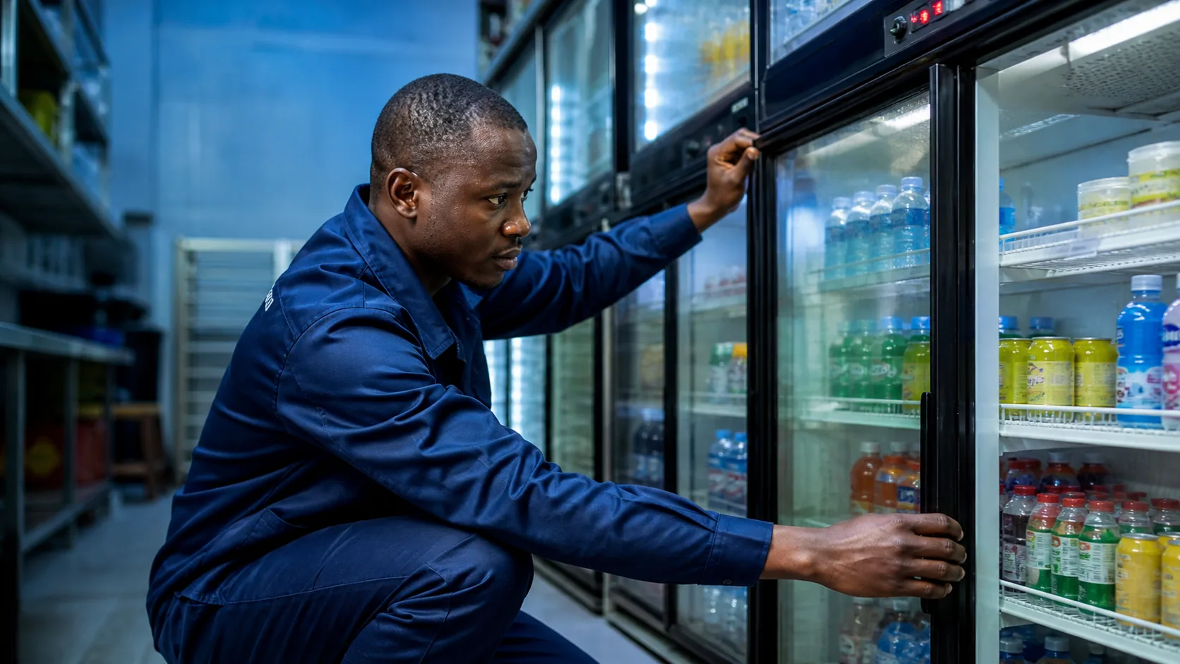 M-Cool technician checking a glass door display fridge in a Nairobi shop