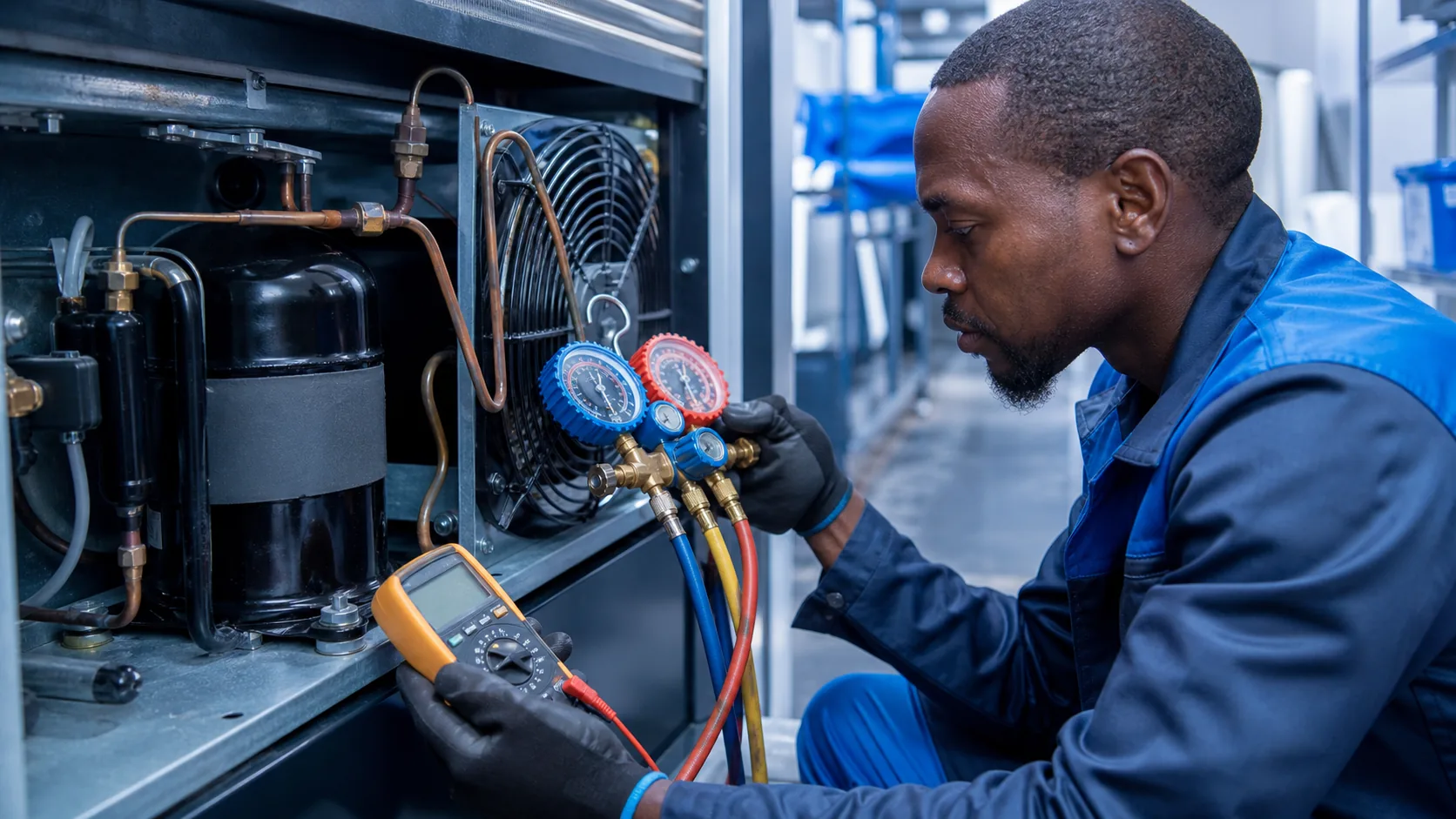 M-Cool technician checking refrigerator compressor, gauges and electrical readings during fridge repair