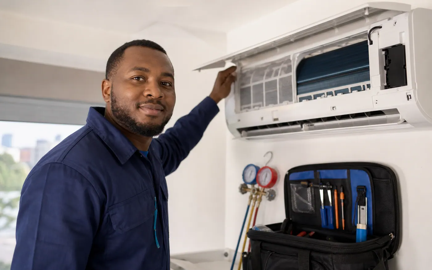 Kenyan HVAC technician looking at the camera beside a serviced wall mounted split AC